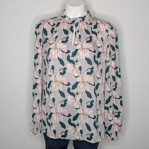 Ann Taylor Factory Pink Purple Floral Ruffle Neck Long Sleeve Blouse M